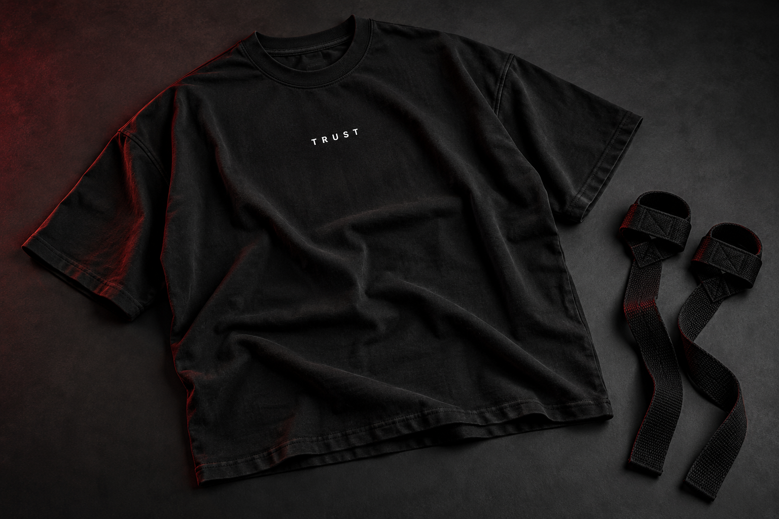 Concept preview of a black TRUST training tee and lifting straps
