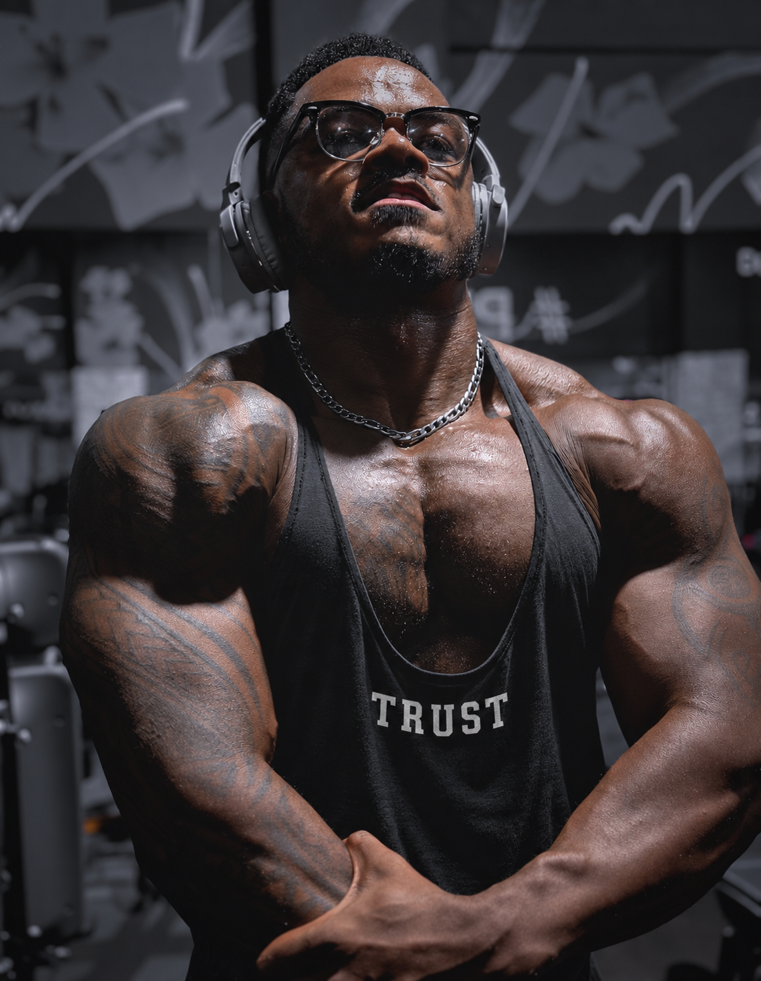 Themba Collin Mlombo in the gym wearing a black TRUST stringer